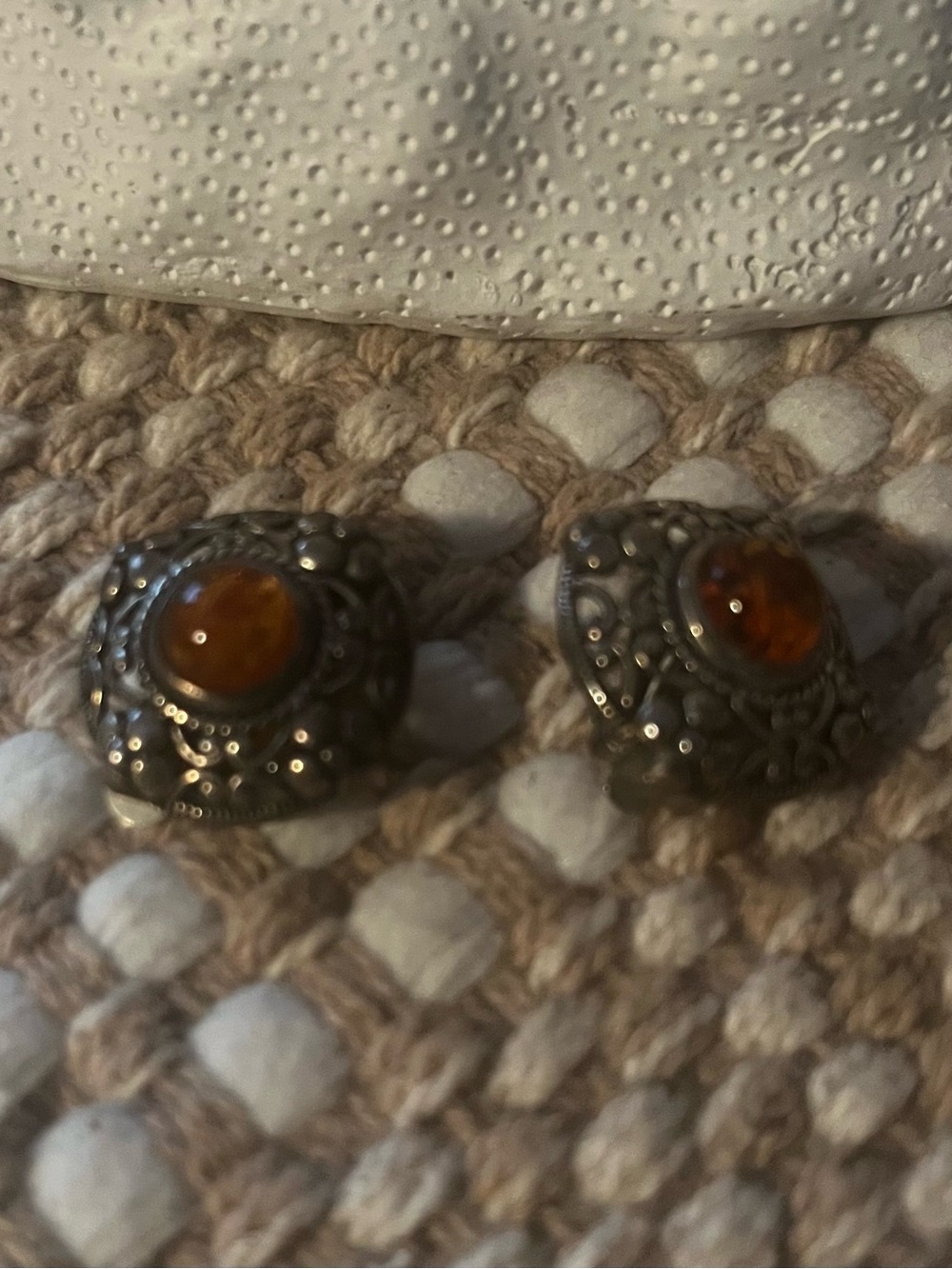 Sterling-Style Filigree Stud Earrings with Amber-Tone Cabochons